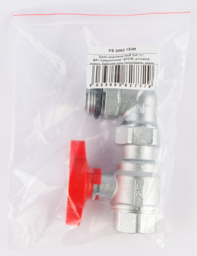 Кран шаровой FAR 3/4"-1", ВР-"американка" EPDM, угловой, красн. бабочка под термометр, хром